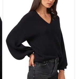 1. State Black rib knit bubble sleeve V-Neck Sweater